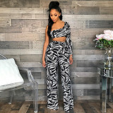 Black Elastic Fly Mid Print Loose Pants Two-piece suit