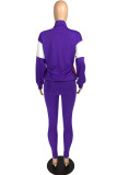 purple Casual Striped Print Zippered Split Joint Mandarin Collar Long Sleeve Two Pieces