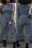 Grey Fashion Casual Patchwork Sequins Hooded Collar Long Sleeve Two Pieces