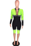 Fluorescent green Fashion Casual Striped zipper Long Sleeve O Neck Jumpsuits