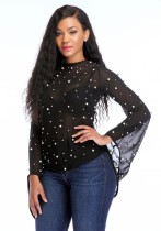 Black Fashion Flare Sleeve O-Neck Full see-through Regular Tees & T-shirts