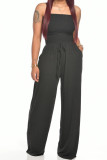 Black Fashion Casual Solid Draped Cotton Sleeveless Wrapped Jumpsuits