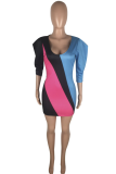 Multicolor Sexy Color Block Patchwork V Neck Pencil Skirt Dresses