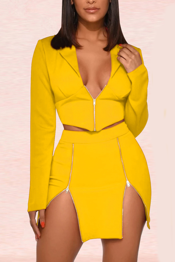 Yellow Sexy Solid Patchwork Slit Turndown Collar Two Pieces