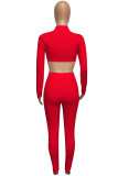 Red Fashion Street SportswearSolid Pullovers Half A Turtleneck Two Pieces