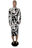 Red Polyester Sexy adult Fashion Cap Sleeve Long Sleeves O neck Step Skirt Mid-Calf Patchwork Print