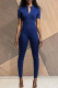 Blue Fashion Casual Solid Basic Zipper Collar Skinny Jumpsuits