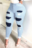 Medium Blue Fashion Casual Patchwork Ripped Mid Waist Skinny Jeans