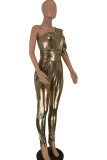 Gold Sexy Solid Half Sleeve one shoulder collar Jumpsuits