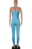 Sky Blue Fashion Casual Solid Milk. Sleeveless Wrapped Jumpsuits