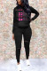 Black Fashion Casual Letter Print Ripped Hooded Collar Long Sleeve Two Pieces