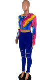 blue and yellow Fashion Casual Street Fiber Print Tie-dye Pants Hooded Collar Long Sleeve Regular Sleeve Short Two Pieces