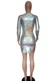 Silver Sexy Solid Patchwork O Neck Pencil Skirt Dresses