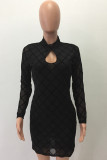 Black Sexy Long Sleeves O neck Sheath Knee-Length Mini Geometric Club Dresses