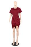 Red Polyester Casual adult Sexy Fashion Short Sleeves O neck Pleated Mini Solid Draped asymmetrical