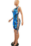 Dark Blue Fashion Sexy Print Tie-dyed Hollow Sleeveless Hanging neck Rompers