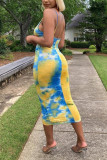 Blue Fashion Sexy adult Red Blue Off The Shoulder Sleeveless Slip Pencil Dress Mid-Calf Print Patchwork backless Tie and dye Dresses