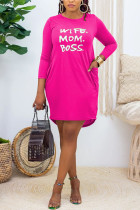 rose red Fashion Casual Living Polyester Letter Print Pocket Pullovers Basic O Neck Long Sleeve Mini Straight Dresses