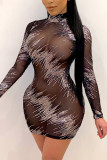 Silver Fashion Sexy Patchwork See-through Turtleneck Long Sleeve Dress