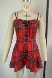 Red Fashion Sexy Plus Size Plaid Print Backless Strap Design Sling Dress