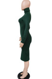 Dark green Fashion Sexy Adult Milk Fiber Solid Split Joint Turtleneck Long Sleeve Knee Length One-piece Suits Dresses