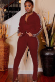 Wine Red Polyester Casual Two Piece Suits Patchwork Solid Loose Long Sleeve Two-piece Pants Set