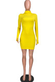 Yellow Fashion Casual Adult Letter Solid Embroidered Letter O Neck Long Sleeve Mini Pencil Skirt Dresses