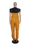 Orange Elastic Fly Short Sleeve Mid Solid Pocket Straight Pants Jumpsuits & Rompers