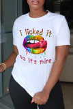 White Fashion Casual Print Basic O Neck T-Shirts