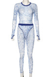 Blue Fashion Sexy Adult Print Patchwork See-through O Neck Long Sleeve Regular Sleeve Regular Two Pieces