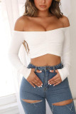 White Red Black Blue Pink Orange One word collar Long Sleeve Solid Tops