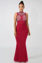Red Brief Cute Stand Sleeveless Long Club Dresses