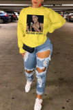 Yellow Fashion Casual Print Basic O Neck Tops