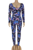 Blue Sexy Print Long Sleeve O Neck Jumpsuits