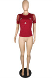 Red Fashion Casual Embroidery Patchwork O Neck Tops