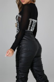 Red Fashion Sexy Patchwork See-through Hot Drill O Neck Skinny Romper