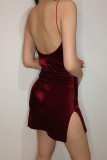 Burgundy Sexy Gradual Change Patchwork Backless Fold Spaghetti Strap Straight Dresses