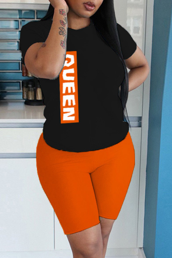 Orange Casual Print Letter O Neck Short Sleeve Two Pieces