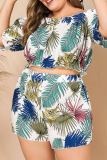 White Sexy Print Split Joint Off the Shoulder Plus Size Two Pieces