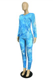 Dark Blue Fashion Casual Print Tie-dye V Neck Long Sleeve Two Pieces