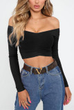 White Red Black Blue Pink Orange One word collar Long Sleeve Solid Tops