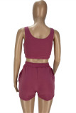 Purplish Red Casual Sportswear Letter Embroidered U Neck Sleeveless Two Pieces