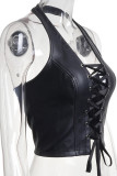 White Fashion Sexy Solid Backless Strap Design Halter Tops