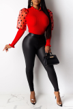 Red Sweet Patchwork Mesh Half A Turtleneck Tops