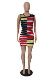 Multicolor Sexy Casual Striped Print Basic O Neck Sleeveless Dress