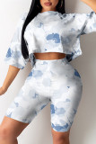 White Fashion Casual Print Basic O Neck Half Sleeve Two Pieces