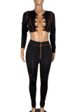 Black Sexy Striped Bandage Hollowed Out Asymmetrical V Neck Long Sleeve Two Pieces