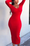 Red Sexy Casual Solid V Neck Pencil Skirt Dresses