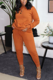 Orange Casual Solid Pocket O Neck Long Sleeve Two Pieces