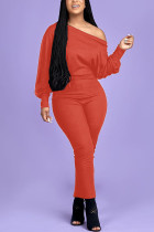 Orange Fashion Casual Adult Polyester Solid One Shoulder Skinny Jumpsuits